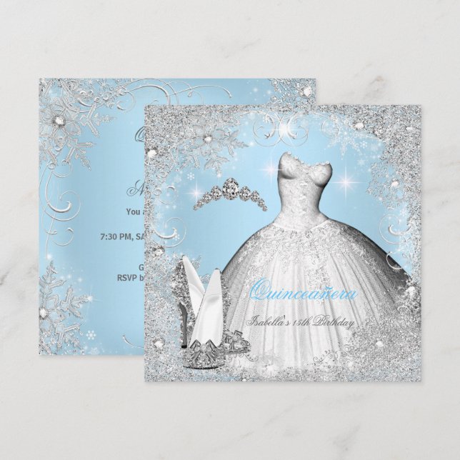 Quinceanera-fest Blå Silver Snöflingor Inbjudningar (Fram/baksida)