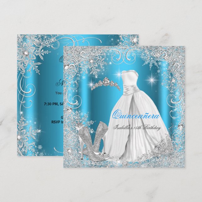 Quinceanera-fest Blå Silver Vinter Snöflingor Inbjudningar (Fram/baksida)