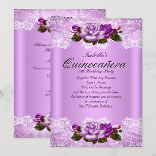 Quinceanera-fest Lilafärgade Lila Rosa Rosor Spets Inbjudningar