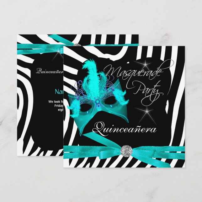 Quinceanera-fest Maskerad Teal Zebra Inbjudningar (Fram/baksida)