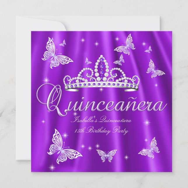 Quinceanera-fest Purple Tiara Fjäril Inbjudningar (Framsida)