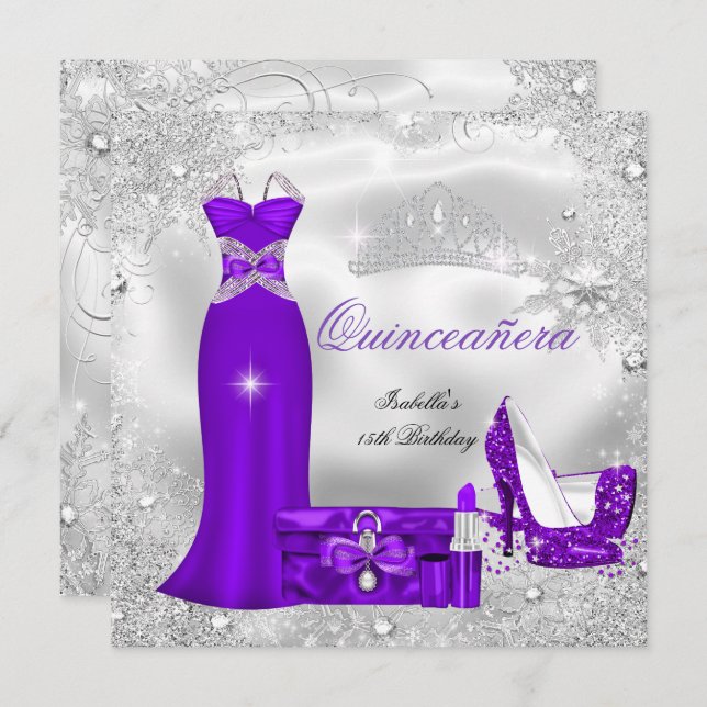 Quinceanera-fest Purplett Silver Snöflingor S Inbjudningar (Fram/baksida)