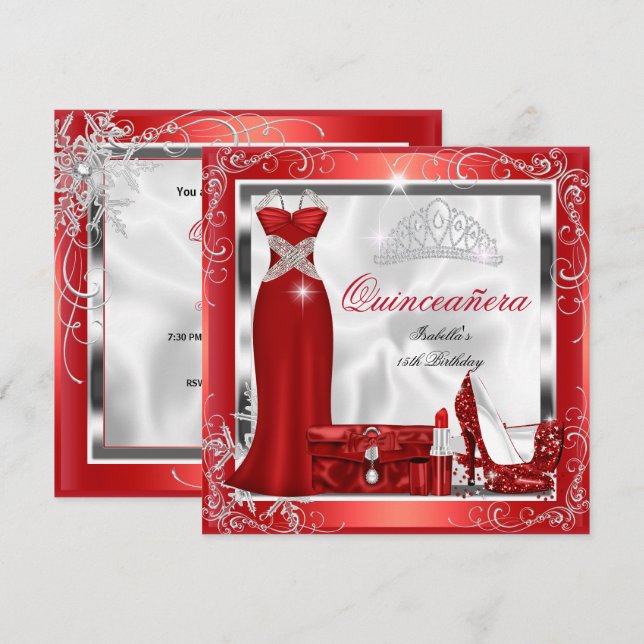 Quinceanera-fest Röd silverklänning Klackar S5 Inbjudningar (Fram/baksida)