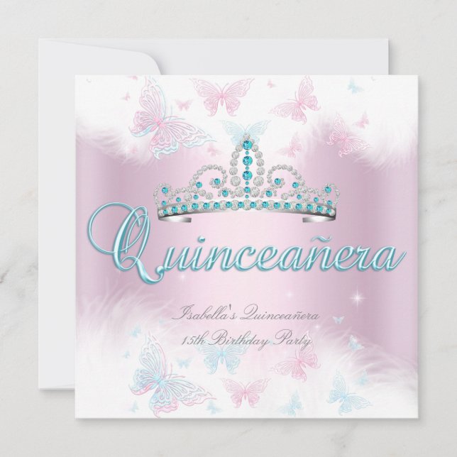 Quinceanera-fest Rosa Teal Tiara Fjäril 2 Inbjudningar (Framsida)