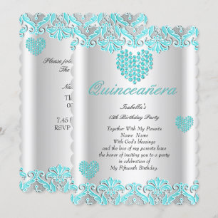 Quinceanera-fest Teal Blå Hjärtan Spets Inbjudningar
