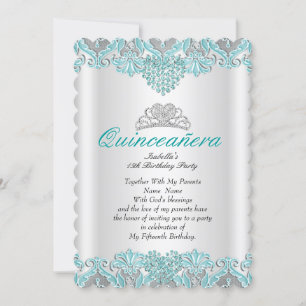 Quinceanera-fest Teal Blå Hjärtan Spets Tiara 2 Inbjudningar