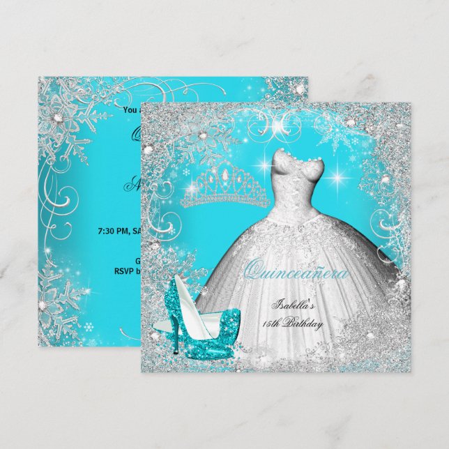 Quinceanera-fest Teal Blå Silver Snöflingor 2 Inbjudningar (Fram/baksida)