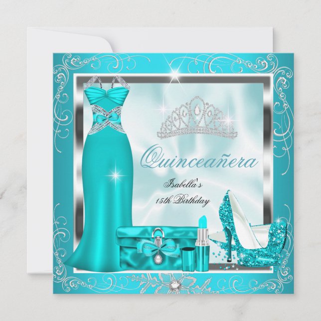 Quinceanera-fest Teal Blå Silver Snöflingor S4 Inbjudningar (Framsida)