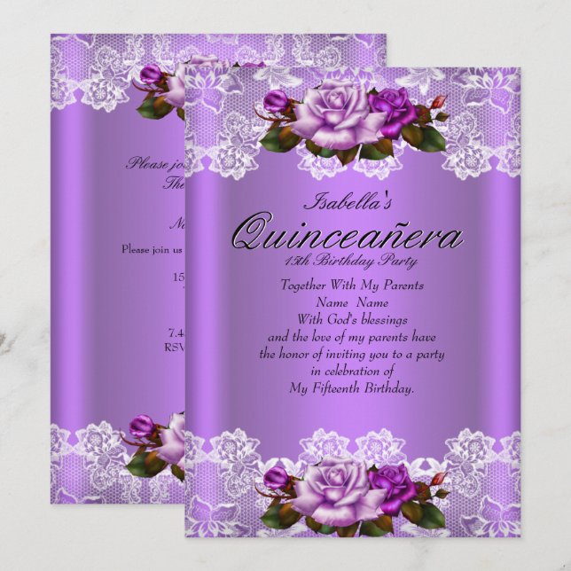 Quinceanera-fest Violetta Rosa Rosor Vitt Spets Inbjudningar (Fram/baksida)