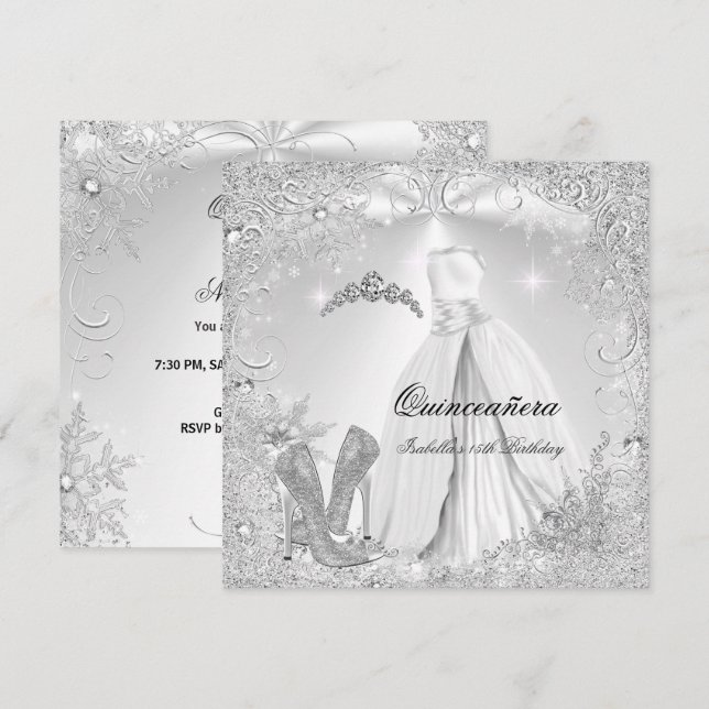 Quinceanera-fest Vit Silver Vinter Snöflingor 2 Inbjudningar (Fram/baksida)