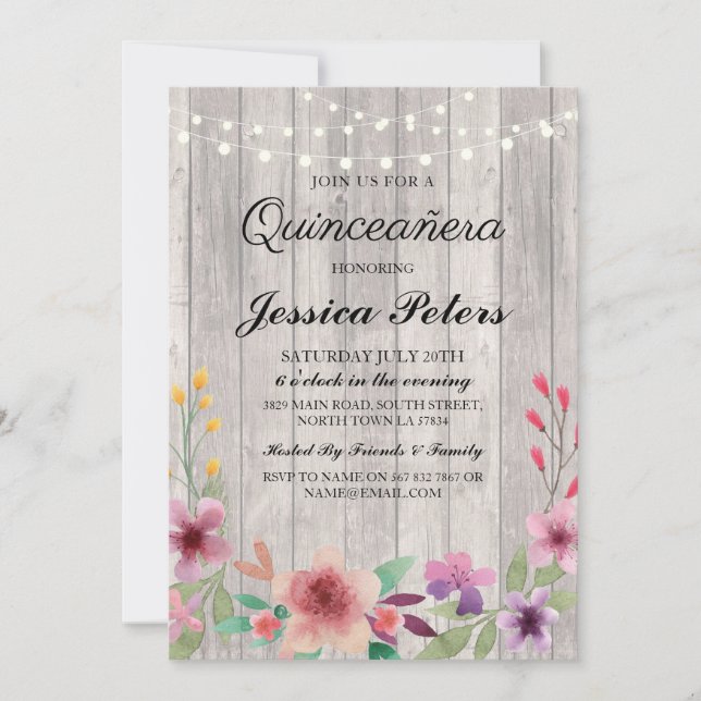 Quinceanera-festbelysning Rustik Trä Blommig Inbju Inbjudningar (Framsida)