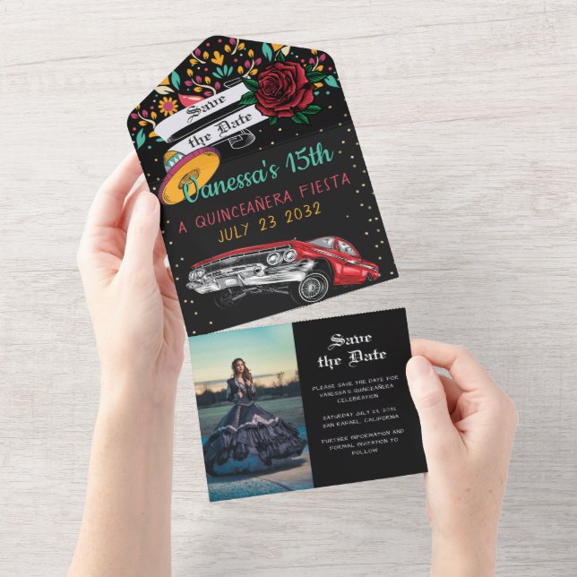 Quinceañera fiesta Blommigt lowrider spara datumet (Avrivbar del)