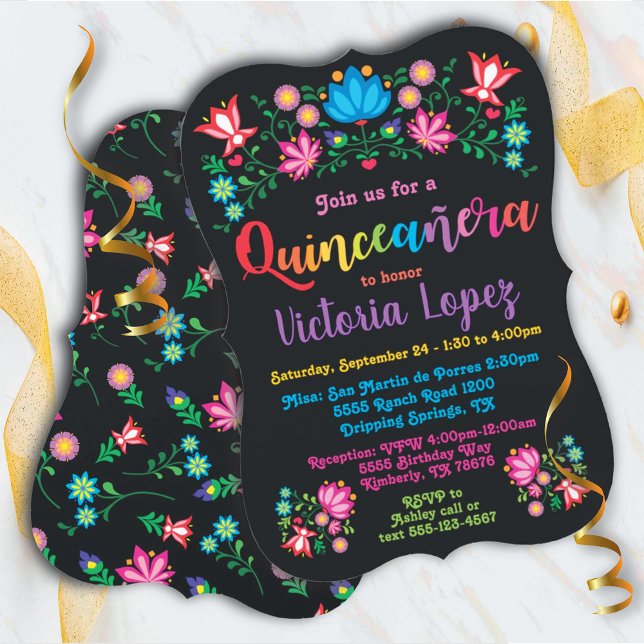 Quinceañera Fiesta Födelsedagsfest folkart blommor Inbjudningar (Skapare uppladdad)