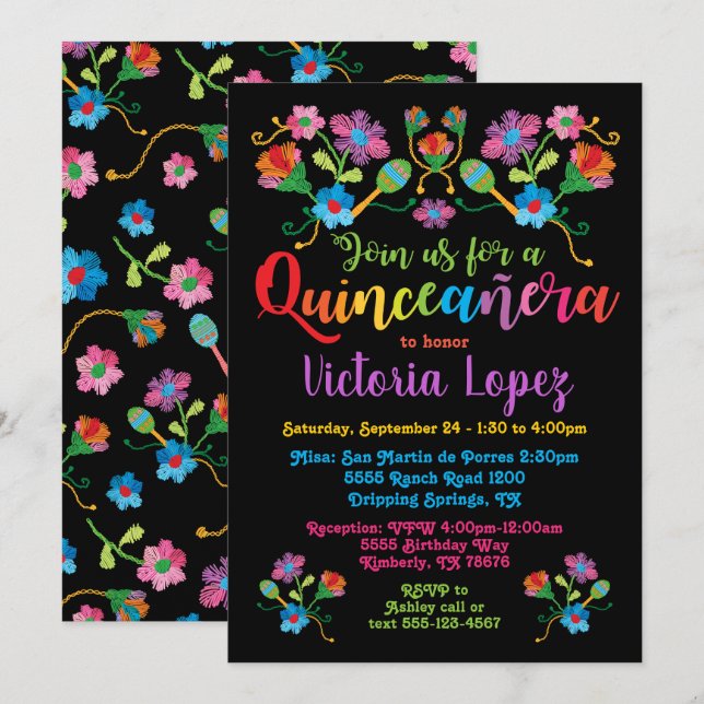 Quinceañera Fiesta Födelsedagsfest med broidery Inbjudningar (Fram/baksida)