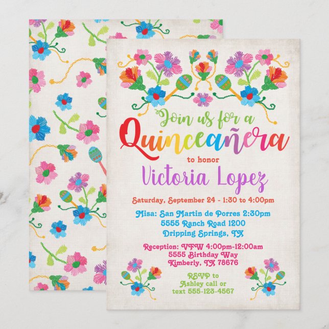Quinceañera Fiesta Födelsedagsfest med broidery Inbjudningar (Fram/baksida)