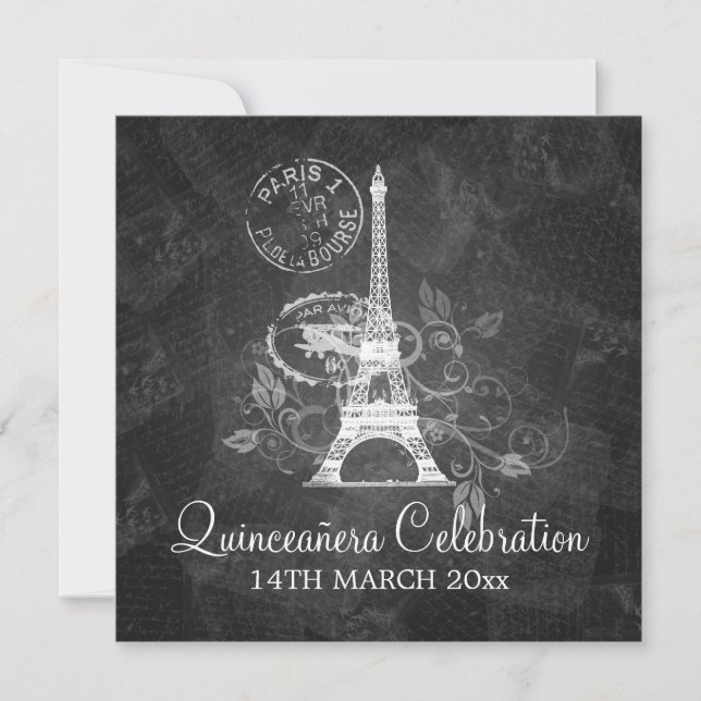 Quinceañera Firande Party Romantic Paris Black Inbjudningar (Framsida)