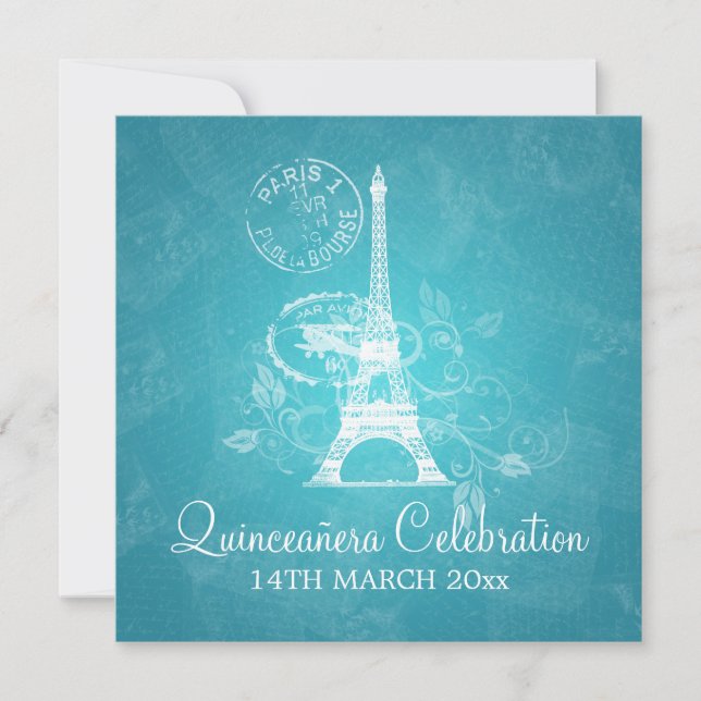 Quinceañera Firande Party Romantic Paris Blue Inbjudningar (Framsida)