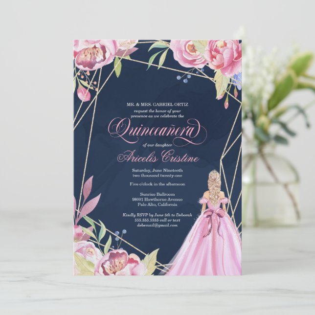 Quinceanera firande rosa och marin blå och gul  inbjudningar (Stående Fram)