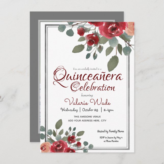 Quinceañera Firande Watercolor Ro Blommigt Inbjudningar (Fram/baksida)