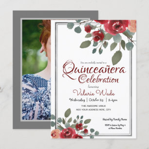 Quinceañera Firande Watercolor Ro Blommigt Inbjudningar
