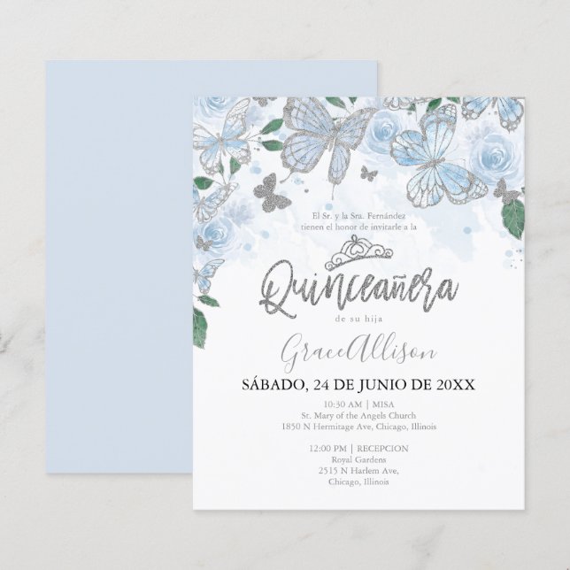 Quinceanera Fjäril Budget Inbjudan - Spanska (Fram/baksida)