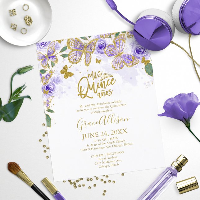 Quinceanera Fjäril Budget Inbjudan Tvåspråkig (Skapare uppladdad)