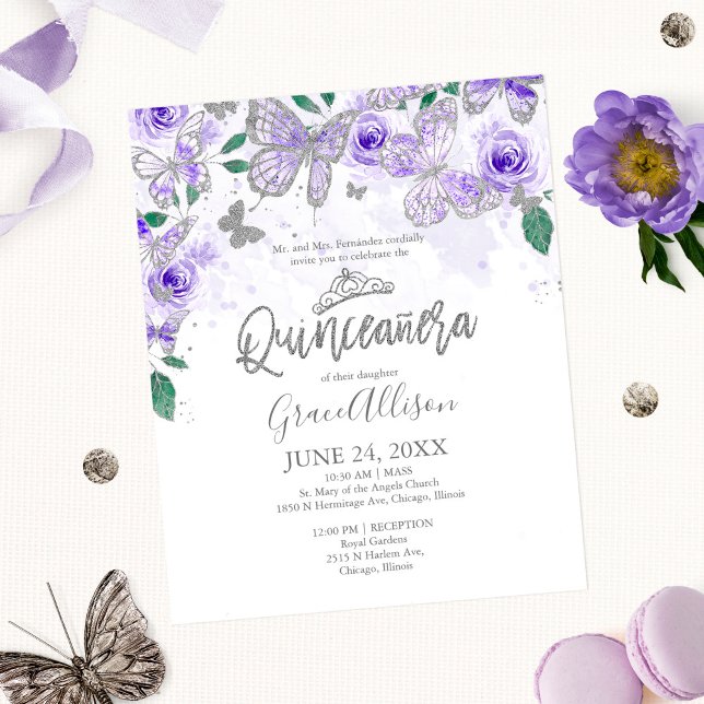 Quinceanera Fjäril Budget Inbjudan Tvåspråkig (Skapare uppladdad)
