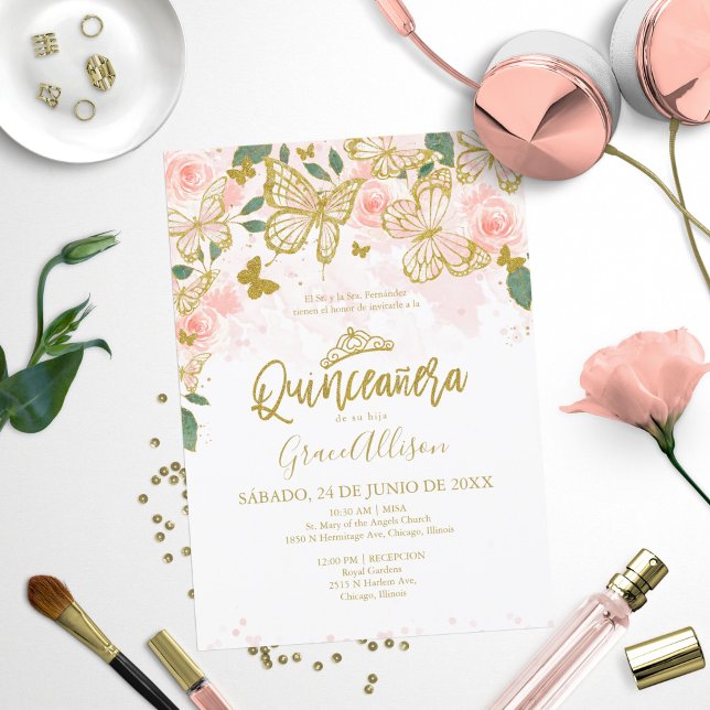 Quinceanera Fjäril Inbjudan Spansk Formulering  (Skapare uppladdad)