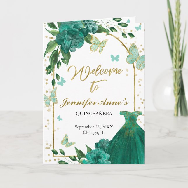Quinceanera Fjärilar Emerald Grönt Gown Programs Program (Framsida)