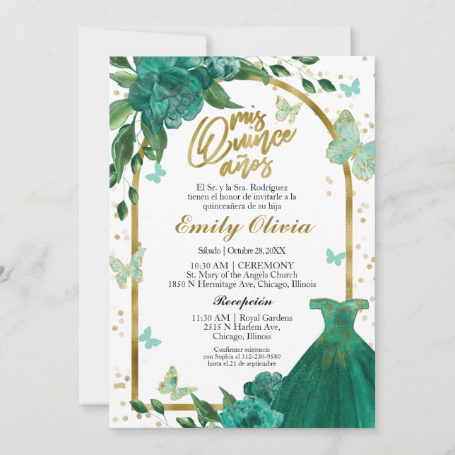 Quinceanera Fjärilar Emerald Grönt Gown Spanska Inbjudningar (Framsida)