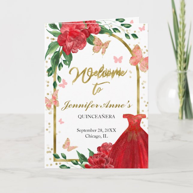Quinceanera Fjärilar Red Gown Programs Program (Framsida)
