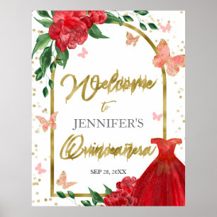 Quinceanera Fjärilar Röd Kvälnings Skylt