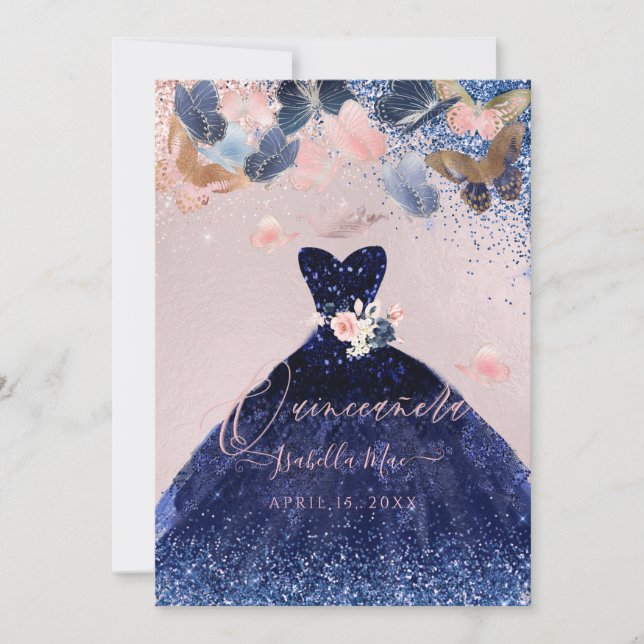 Quinceanera Fjärilar Röda Navy Glitter Klänning Inbjudningar (Framsida)