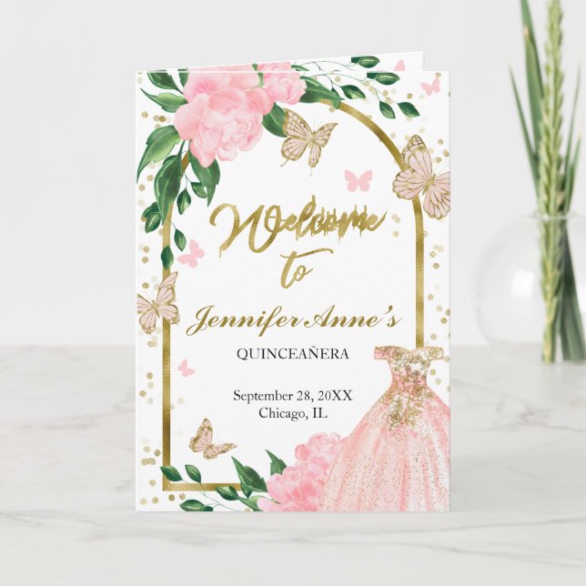 Quinceanera Fjärilar Rosa  Gown Programs ( stadspr Program (Framsida)