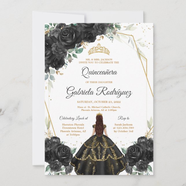 Quinceanera Floral Black Gold Invitation Inbjudningar (Framsida)