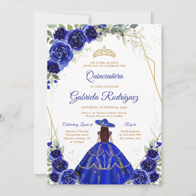 Quinceanera Floral Blue Gold Invitation Inbjudningar (Framsida)