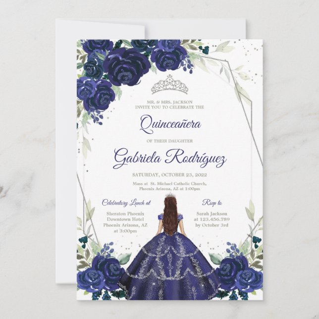 Quinceanera Floral Blue Silver Invitation Inbjudningar (Framsida)