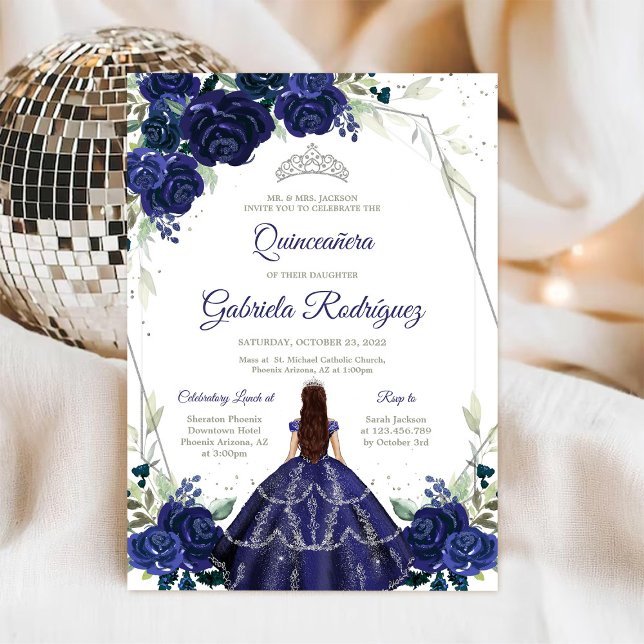 Quinceanera Floral Blue Silver Invitation Inbjudningar (Skapare uppladdad)