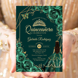 Quinceanera Floral Emerald Gold Gold Dress Inbjudningar