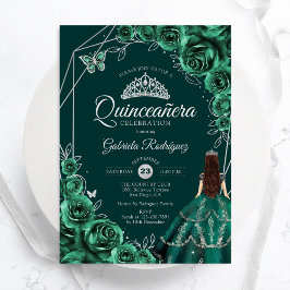 Quinceanera Floral Emerald Green Silver Dress Inbjudningar