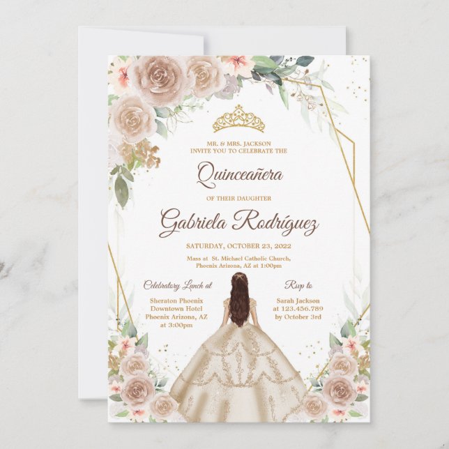 Quinceanera Floral Gold Invitation Inbjudningar (Framsida)