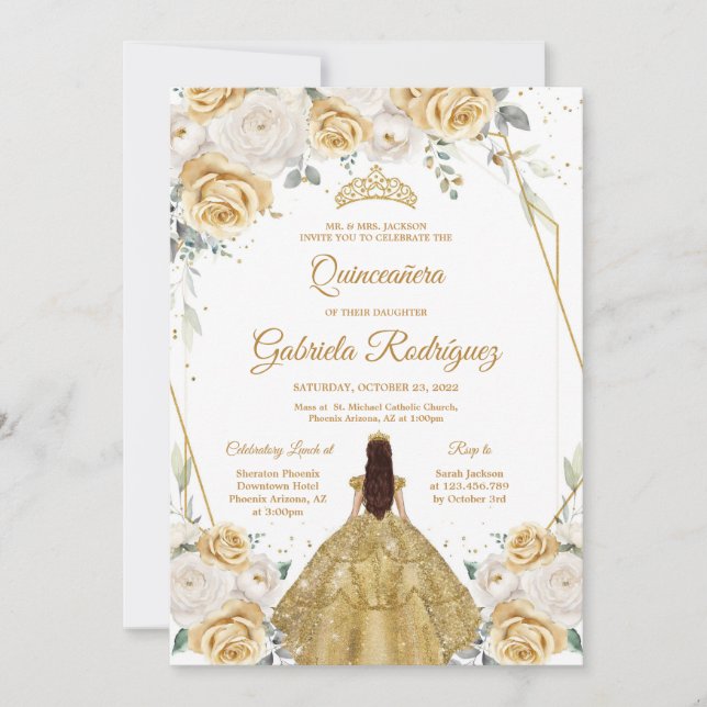 Quinceanera Floral Gold Invitation Inbjudningar (Framsida)