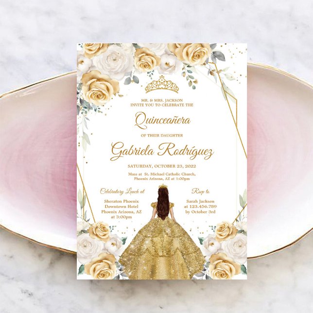 Quinceanera Floral Gold Invitation Inbjudningar (Skapare uppladdad)