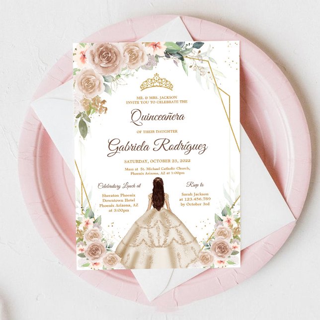 Quinceanera Floral Gold Invitation Inbjudningar (Skapare uppladdad)