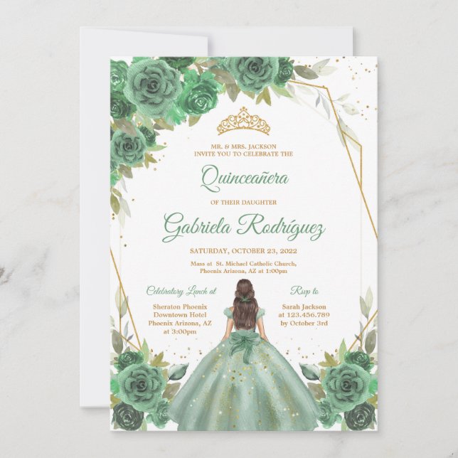 Quinceanera Floral Green Gold Invitation Inbjudningar (Framsida)