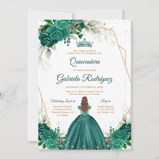 Quinceanera Floral Green Gold Invitation Inbjudningar (Framsida)