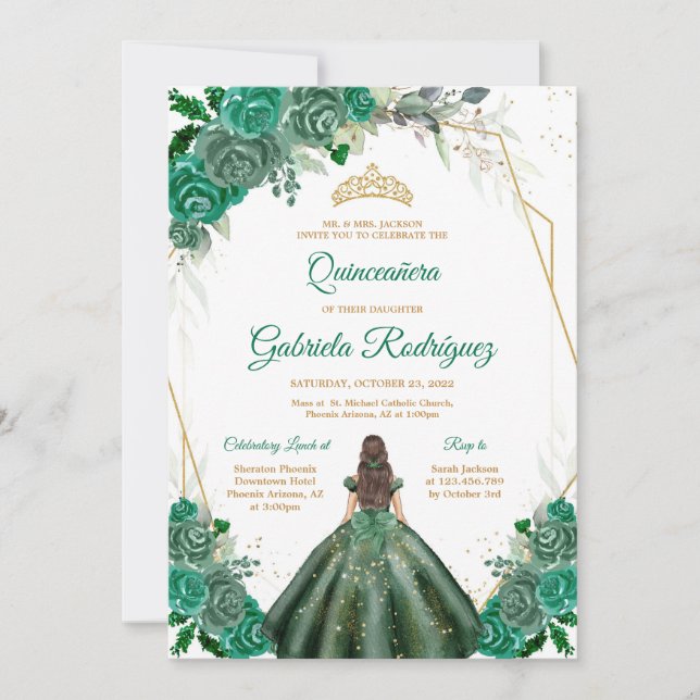 Quinceanera Floral Green Gold Invitation Inbjudningar (Framsida)