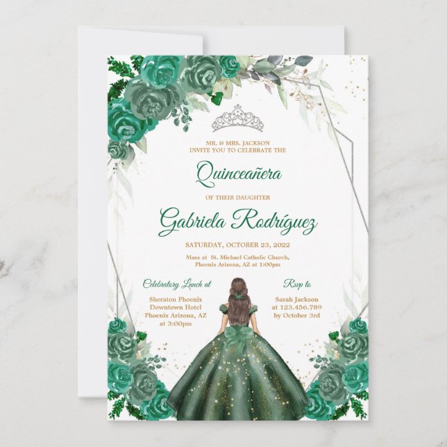 Quinceanera Floral Green Silver Invitation Inbjudningar (Framsida)
