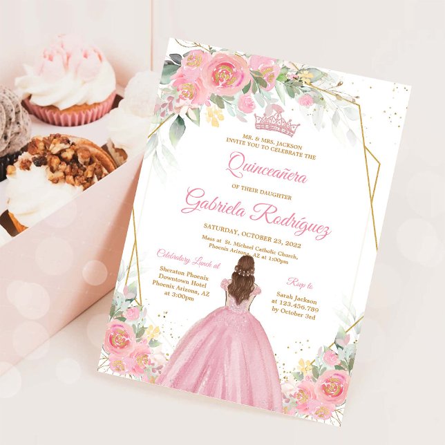 Quinceanera Floral Pink Gold Invitation Inbjudningar (Skapare uppladdad)