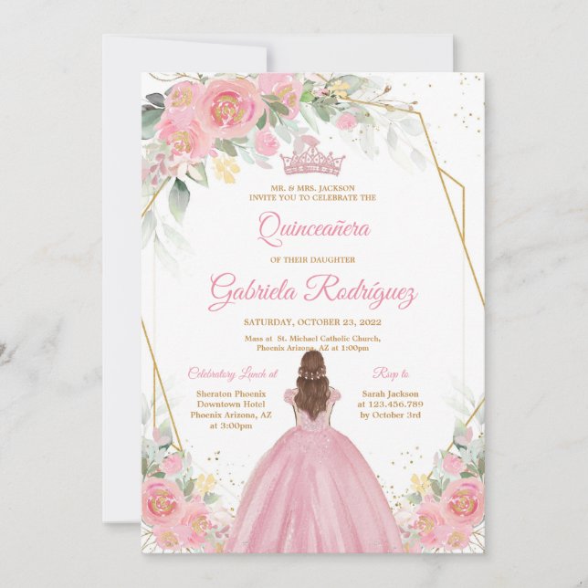 Quinceanera Floral Pink Gold Invitation Inbjudningar (Framsida)